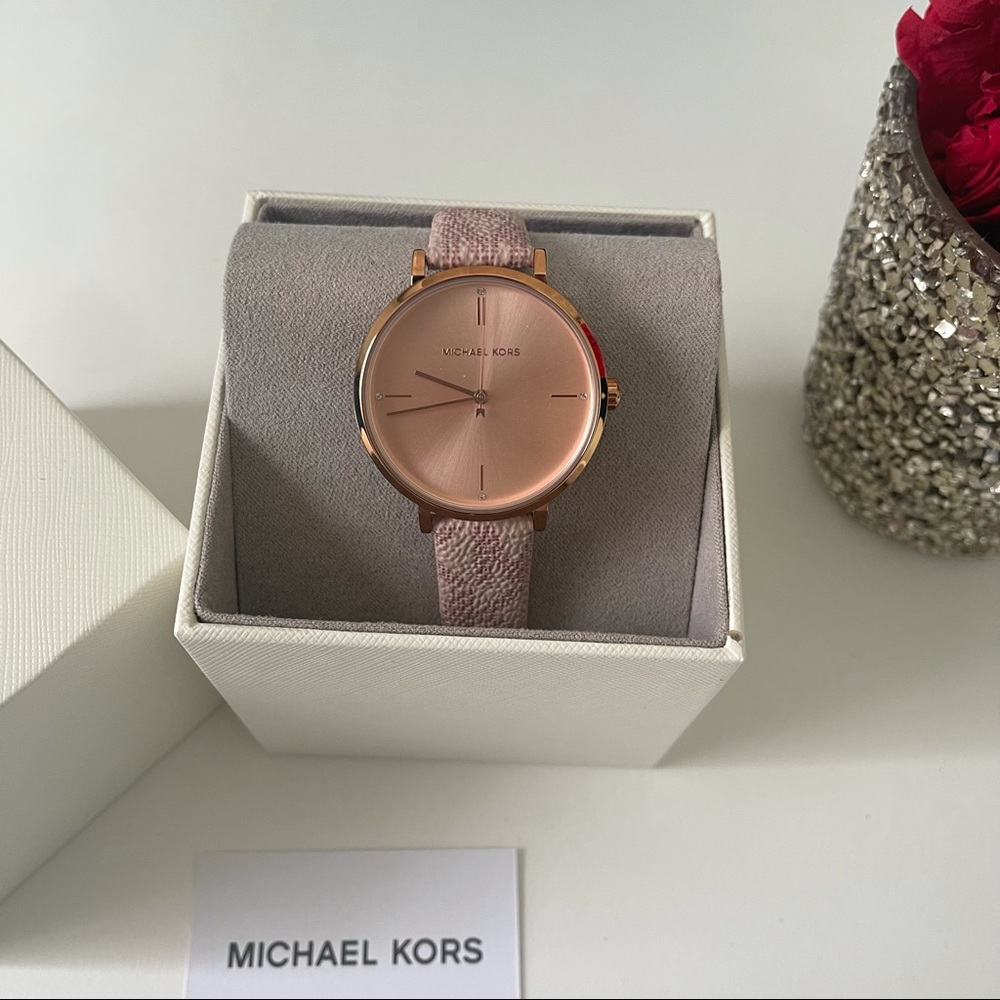 Michael Kors Jayne Three Hand Blush Watch With Patterned Strap New In Box